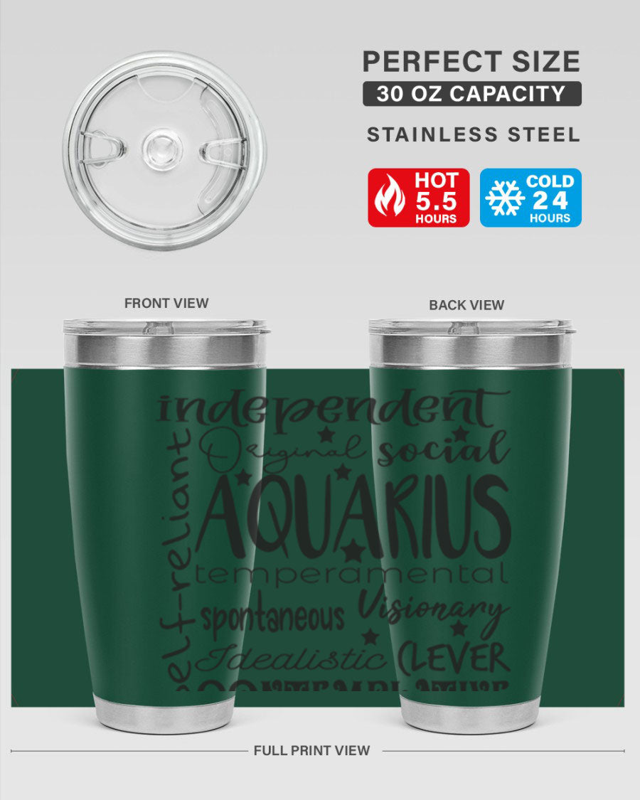 Aquarius 563# Tumbler in stainless steel with a sleek design, featuring a press-in lid and vibrant zodiac print.