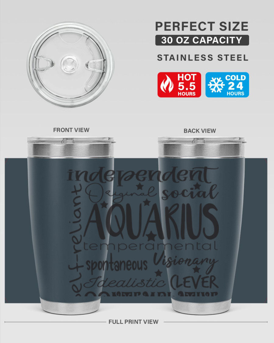 Aquarius 563# Tumbler in stainless steel with a sleek design, featuring a press-in lid and vibrant zodiac print.