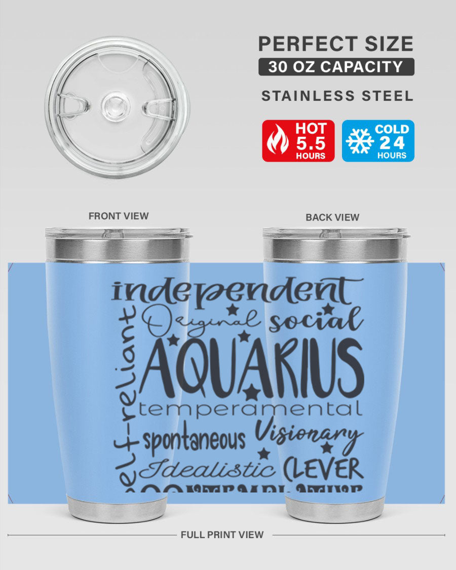 Aquarius 563# Tumbler in stainless steel with a sleek design, featuring a press-in lid and vibrant zodiac print.