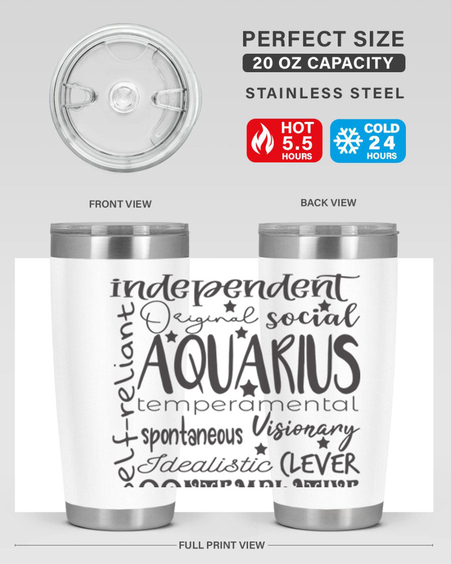Aquarius 563# Tumbler in stainless steel with a sleek design, featuring a press-in lid and vibrant zodiac print.