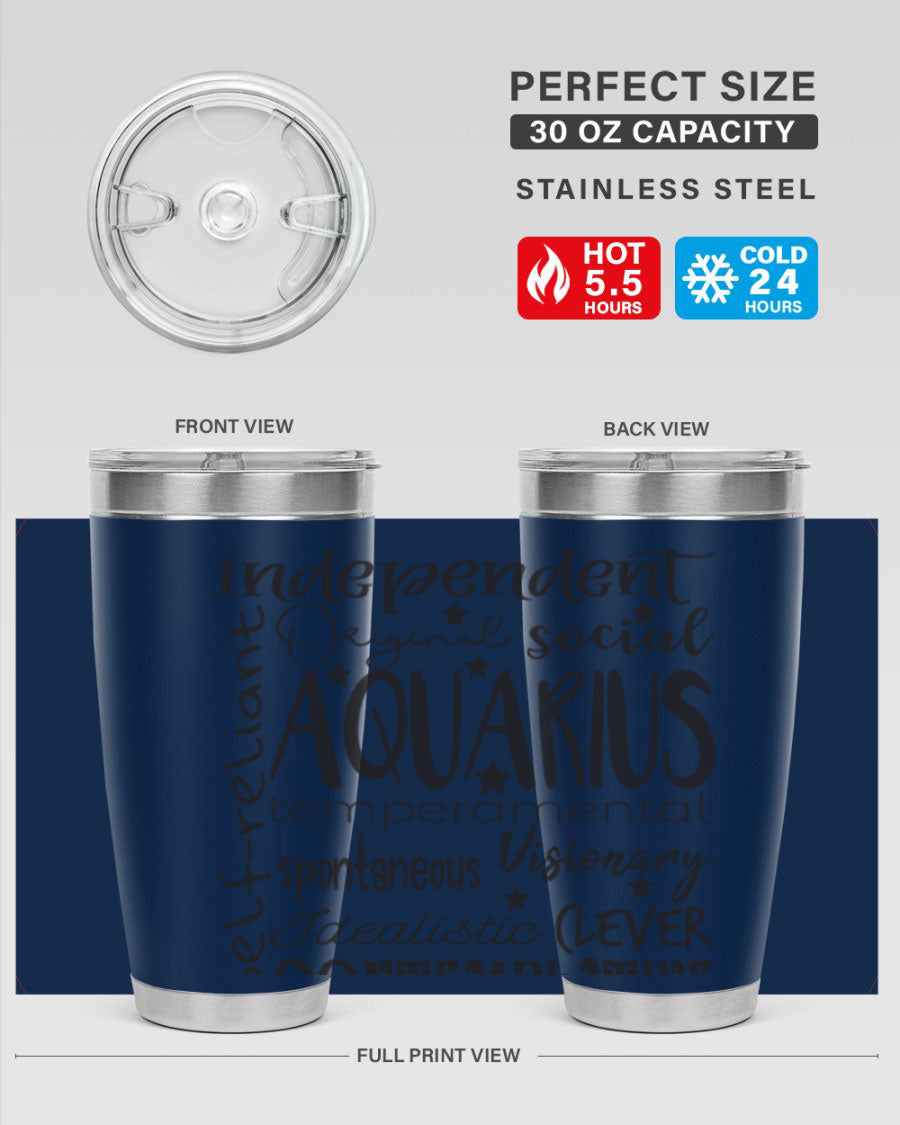 Aquarius 563# Tumbler in stainless steel with a sleek design, featuring a press-in lid and vibrant zodiac print.