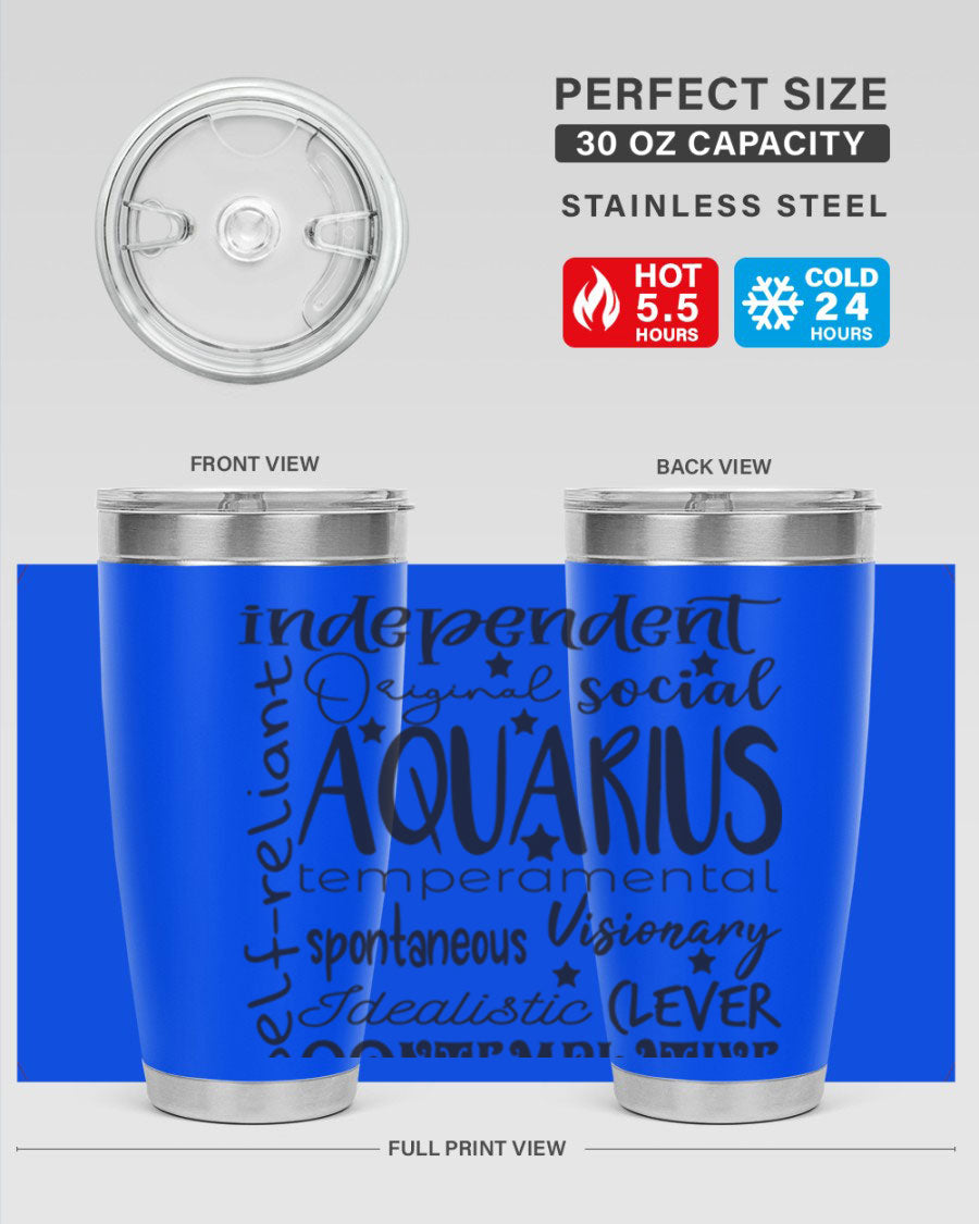 Aquarius 563# Tumbler in stainless steel with a sleek design, featuring a press-in lid and vibrant zodiac print.