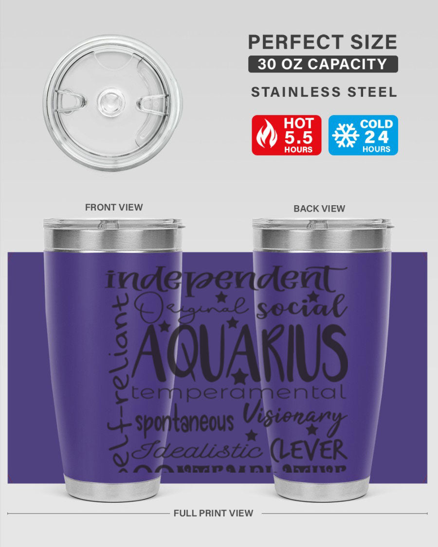 Aquarius 563# Tumbler in stainless steel with a sleek design, featuring a press-in lid and vibrant zodiac print.