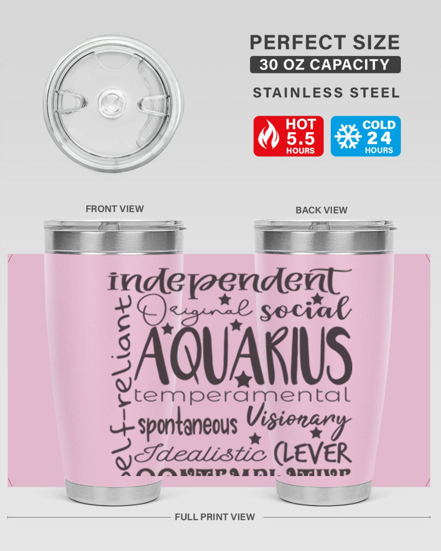 Aquarius 563# Tumbler in stainless steel with a sleek design, featuring a press-in lid and vibrant zodiac print.