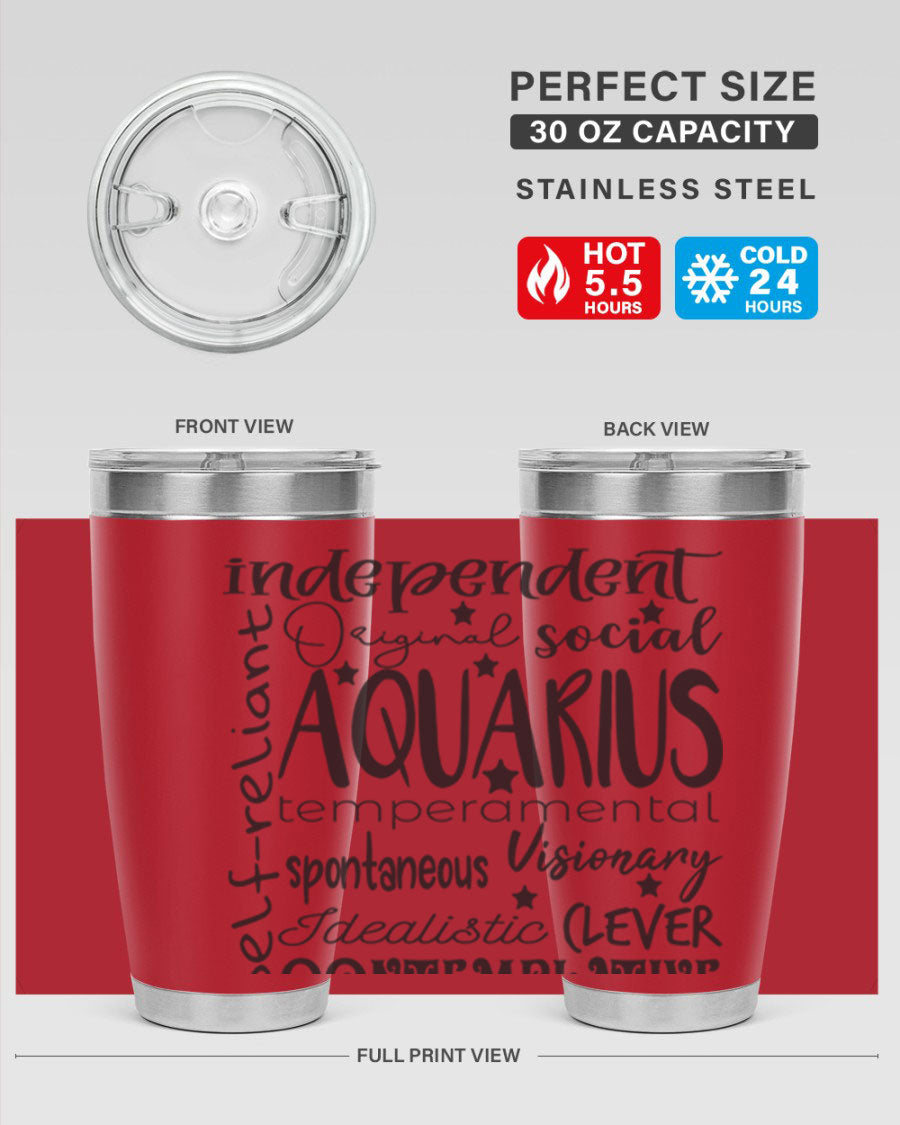 Aquarius 563# Tumbler in stainless steel with a sleek design, featuring a press-in lid and vibrant zodiac print.