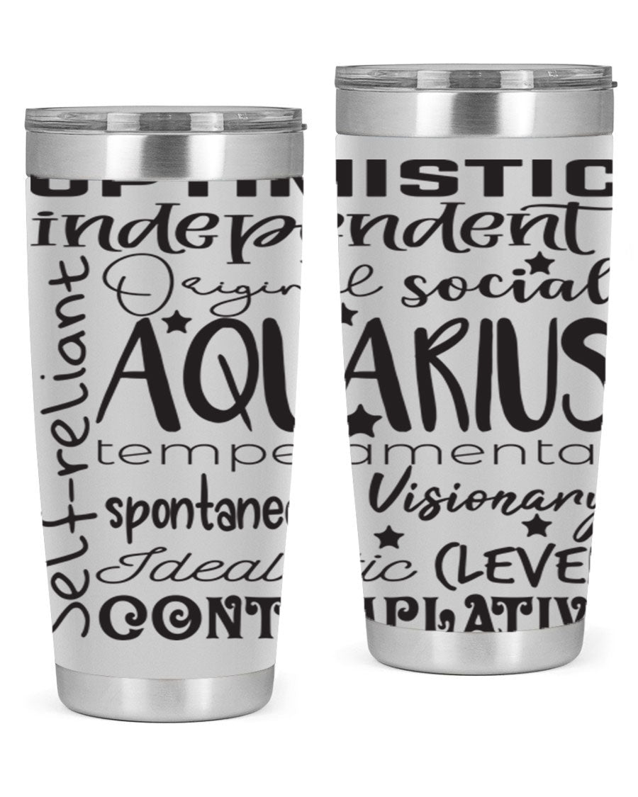 Aquarius 563# Tumbler in stainless steel with a sleek design, featuring a press-in lid and vibrant zodiac print.