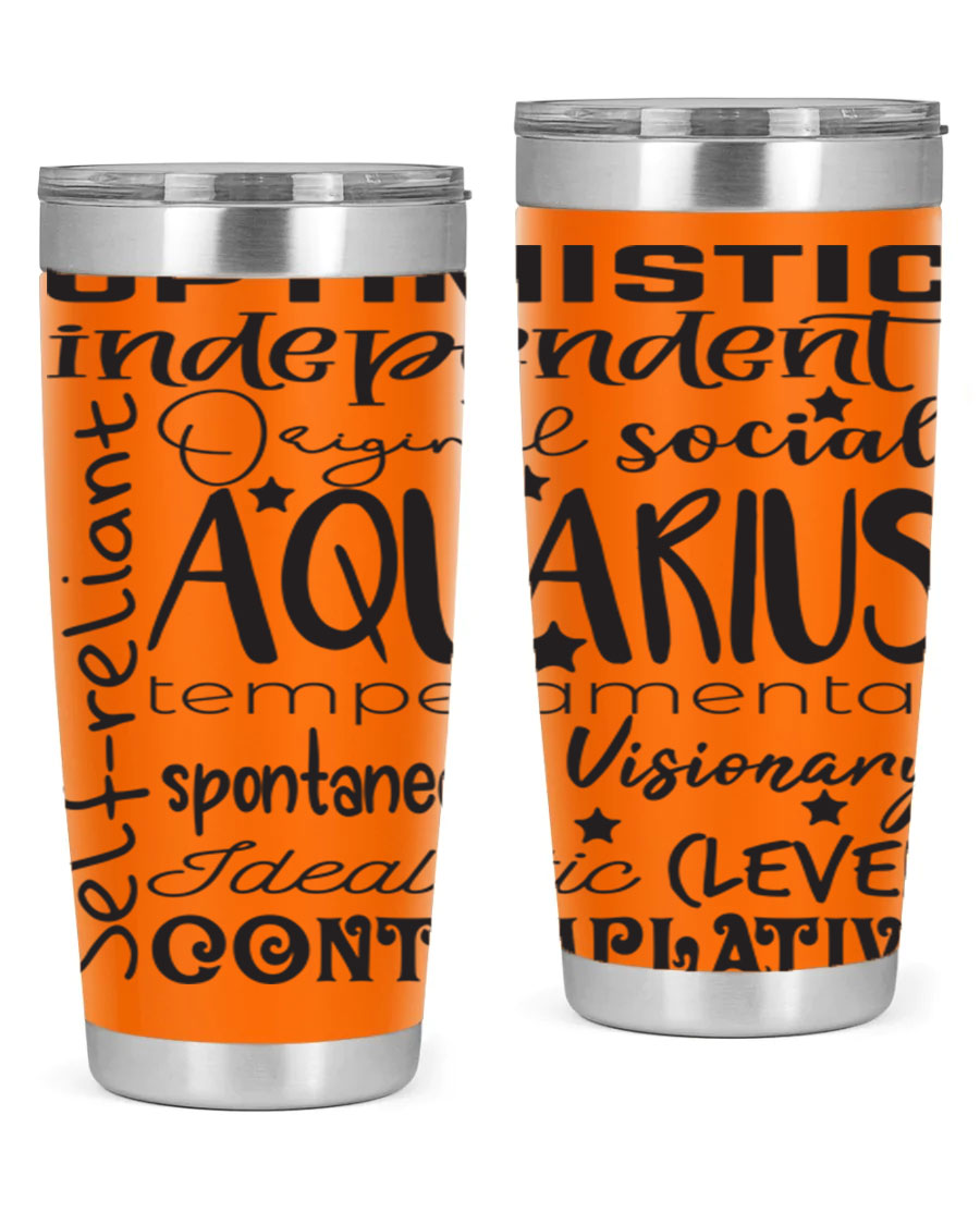 Aquarius 563# Tumbler in stainless steel with a sleek design, featuring a press-in lid and vibrant zodiac print.