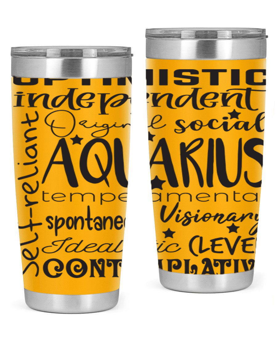 Aquarius 563# Tumbler in stainless steel with a sleek design, featuring a press-in lid and vibrant zodiac print.