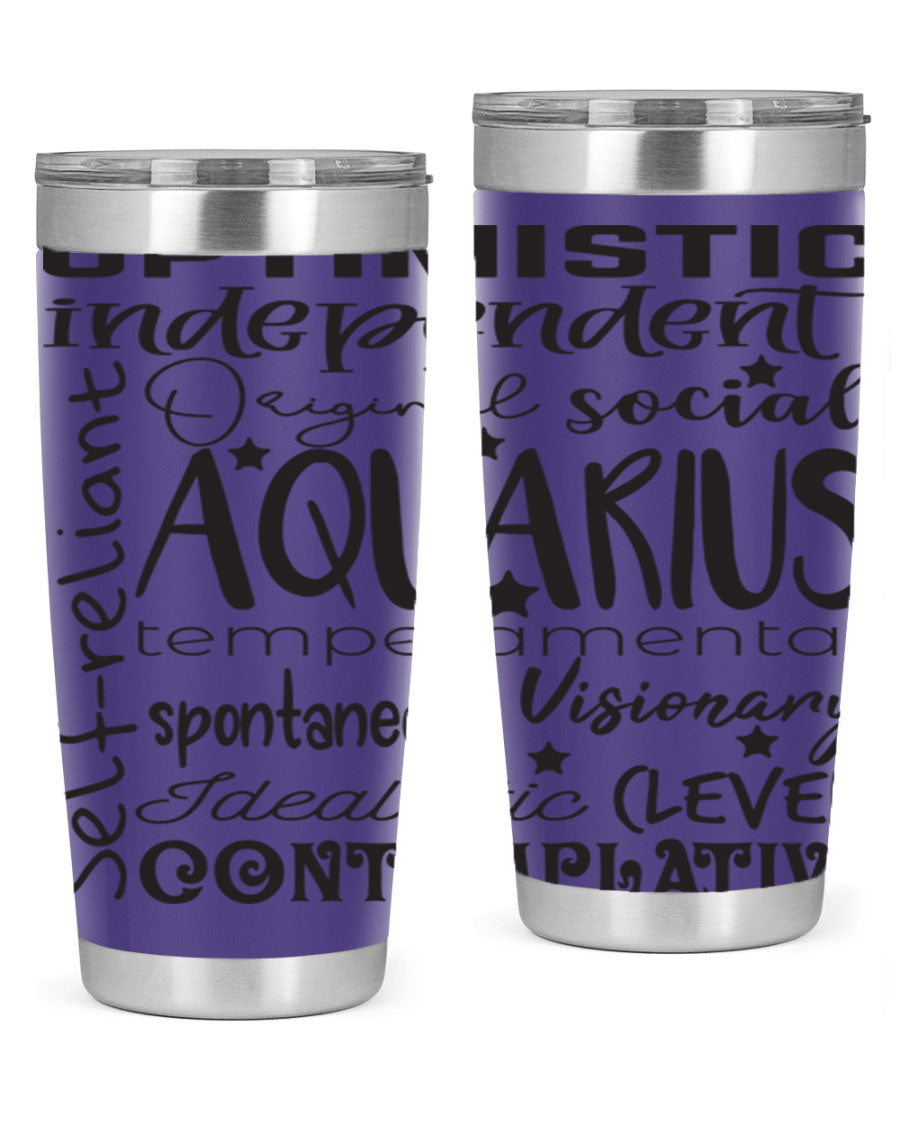 Aquarius 563# Tumbler in stainless steel with a sleek design, featuring a press-in lid and vibrant zodiac print.