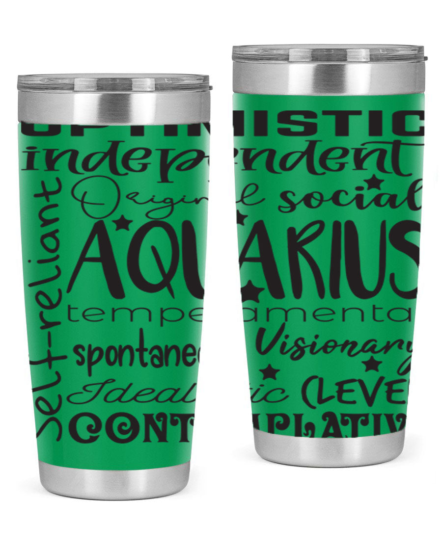 Aquarius 563# Tumbler in stainless steel with a sleek design, featuring a press-in lid and vibrant zodiac print.