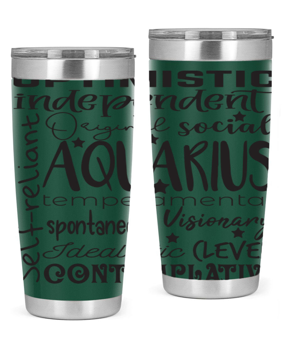 Aquarius 563# Tumbler in stainless steel with a sleek design, featuring a press-in lid and vibrant zodiac print.