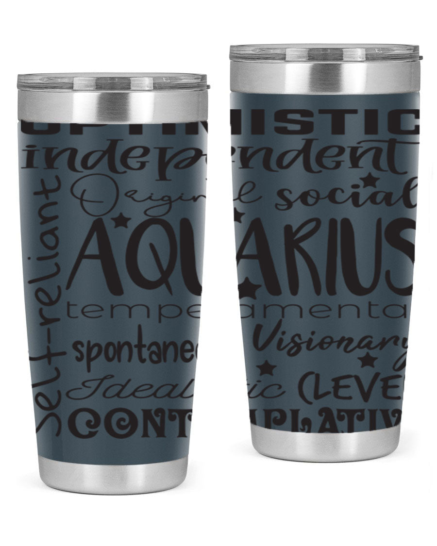 Aquarius 563# Tumbler in stainless steel with a sleek design, featuring a press-in lid and vibrant zodiac print.