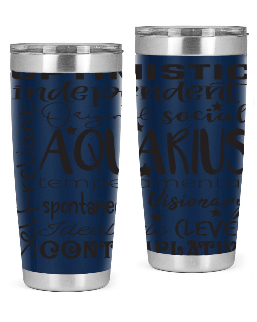 Aquarius 563# Tumbler in stainless steel with a sleek design, featuring a press-in lid and vibrant zodiac print.