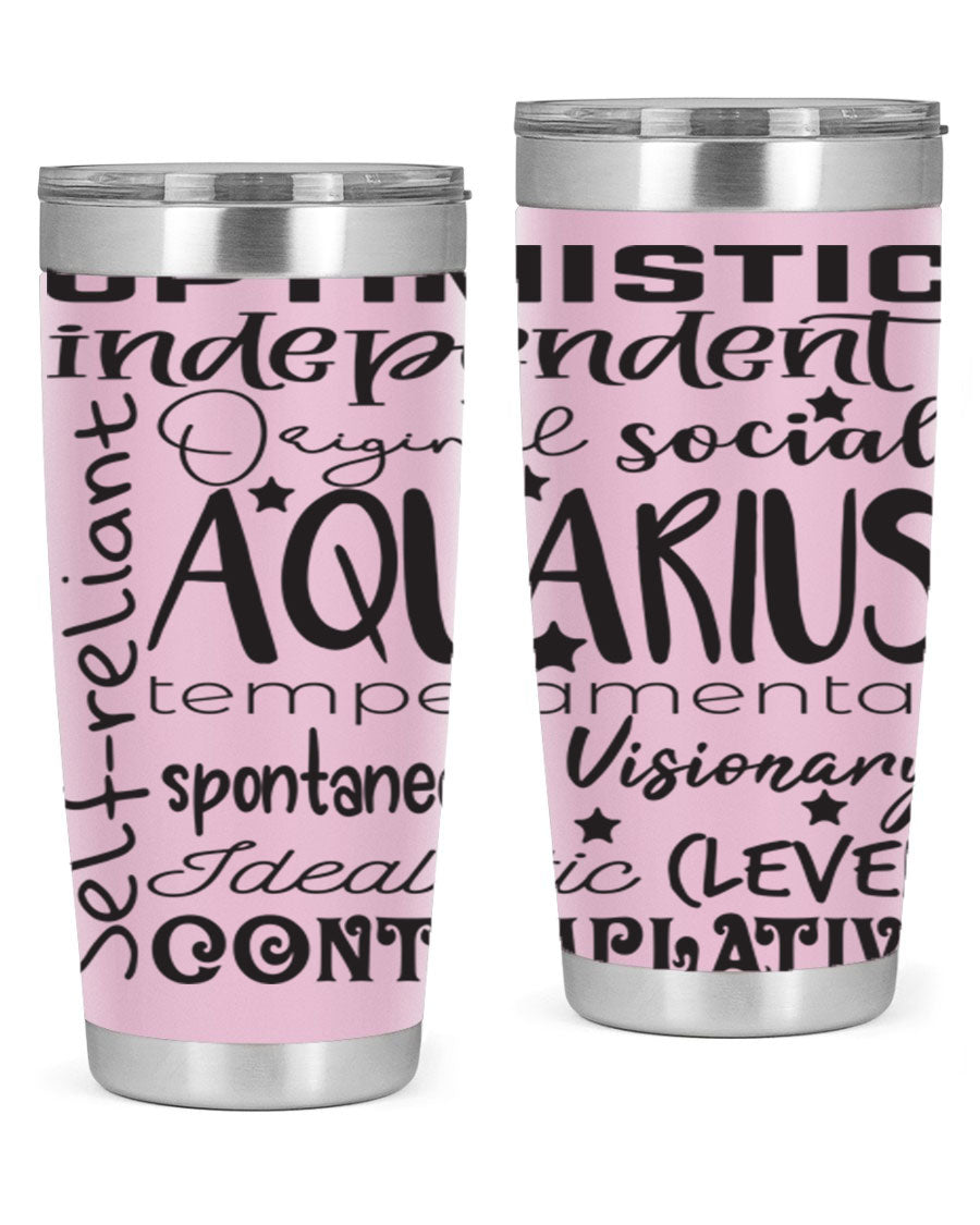 Aquarius 563# Tumbler in stainless steel with a sleek design, featuring a press-in lid and vibrant zodiac print.