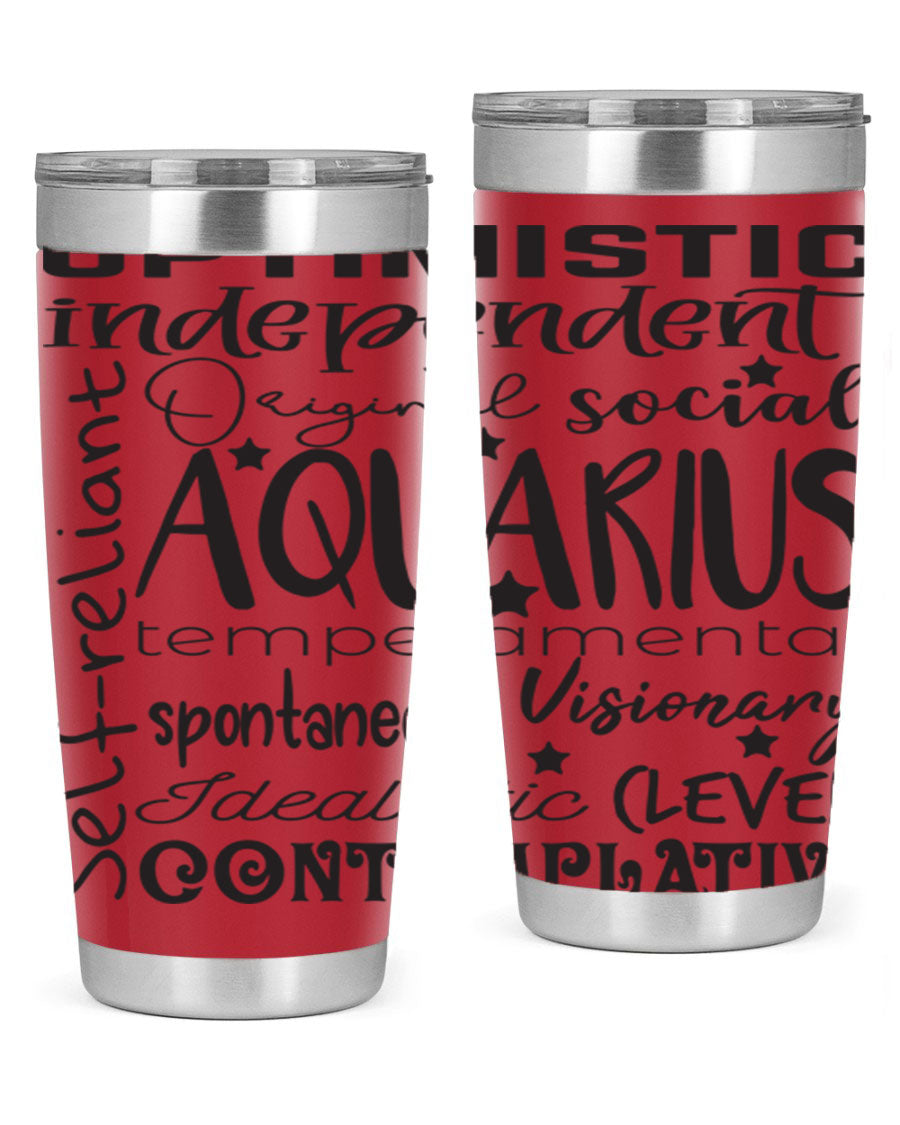 Aquarius 563# Tumbler in stainless steel with a sleek design, featuring a press-in lid and vibrant zodiac print.