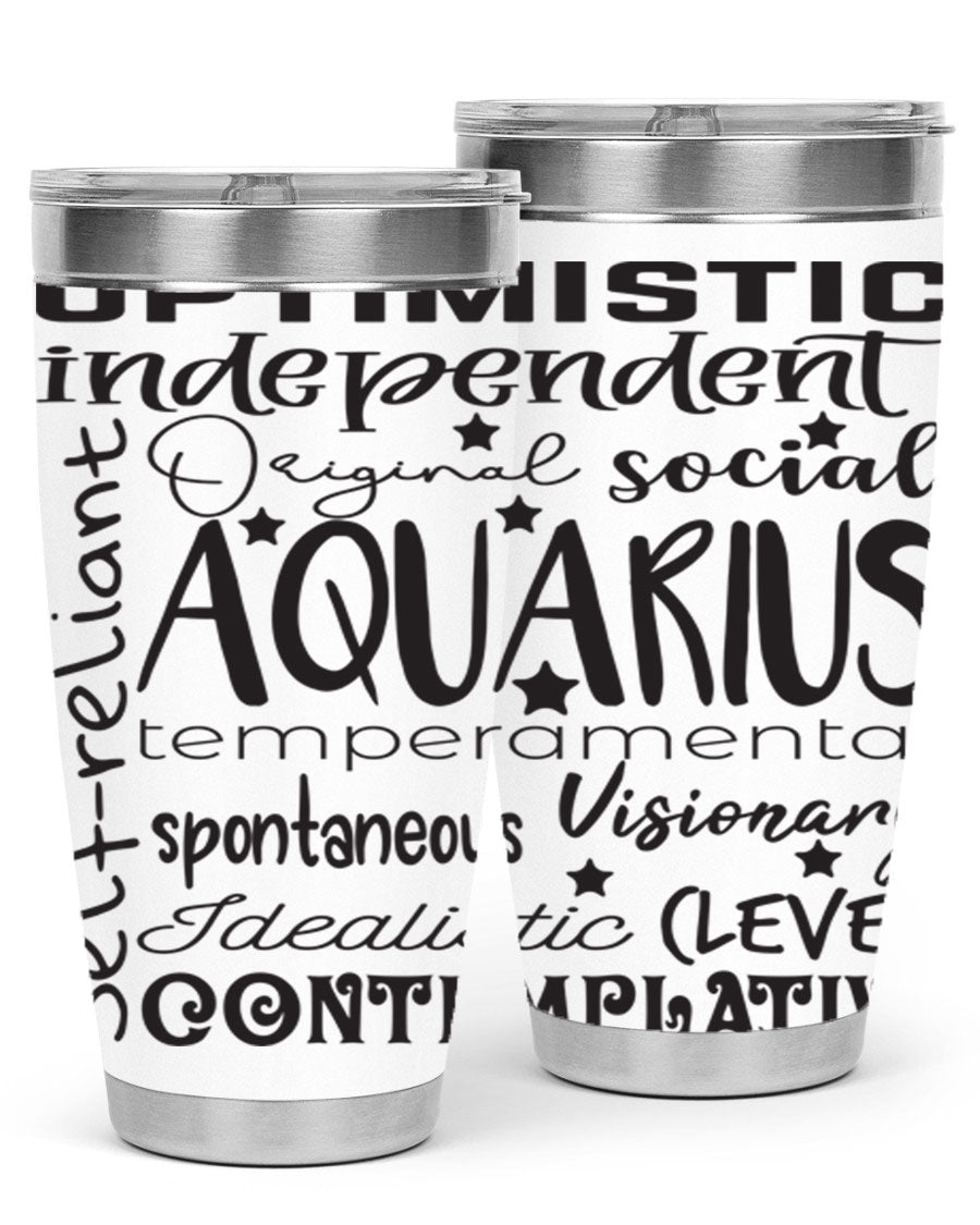 Aquarius 563# Tumbler in stainless steel with a sleek design, featuring a press-in lid and vibrant zodiac print.
