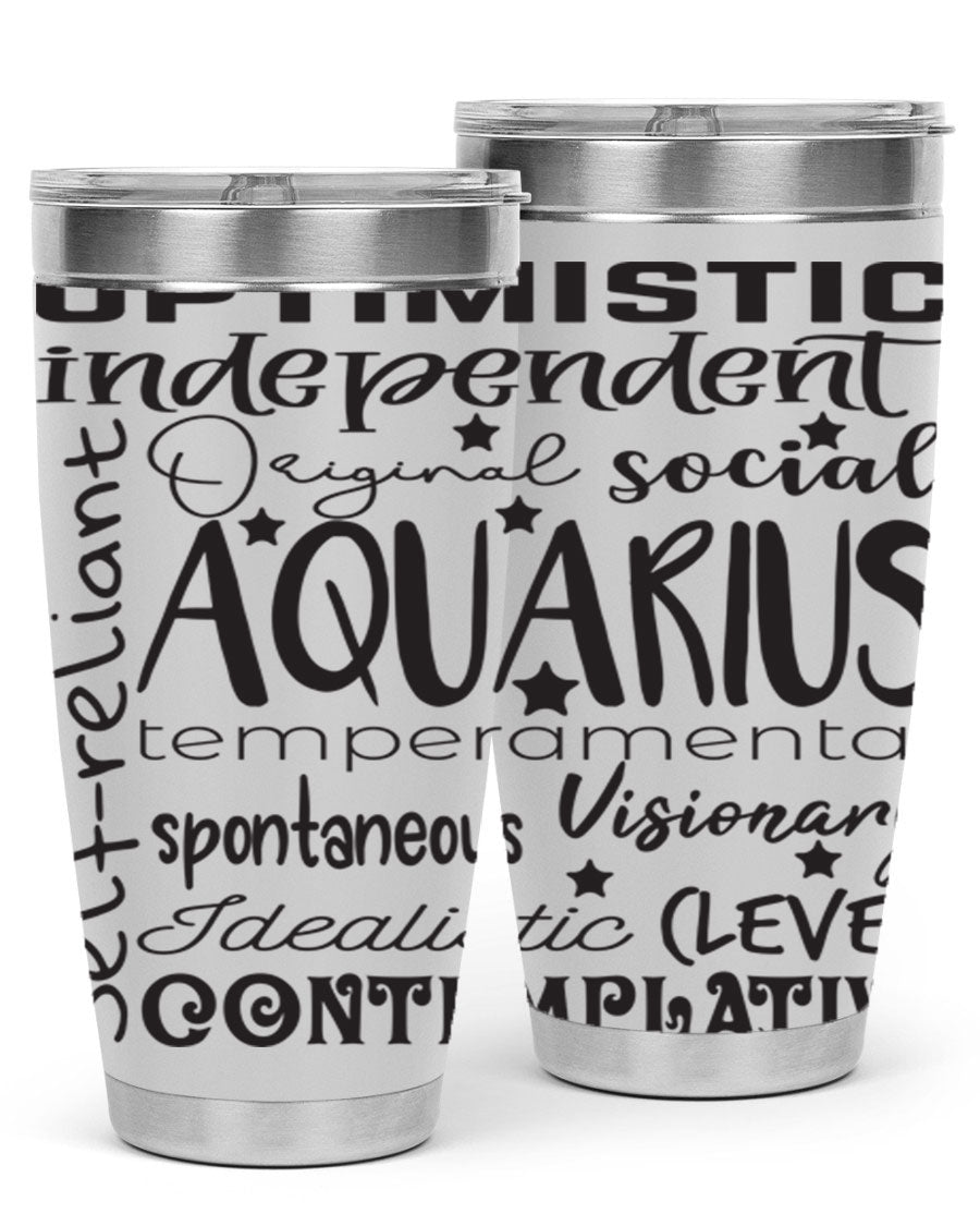 Aquarius 563# Tumbler in stainless steel with a sleek design, featuring a press-in lid and vibrant zodiac print.