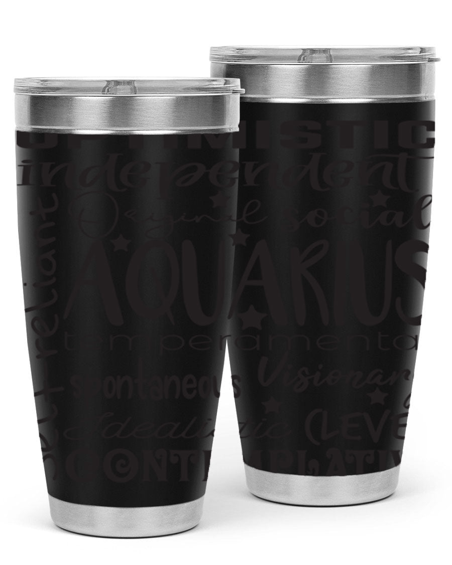 Aquarius 563# Tumbler in stainless steel with a sleek design, featuring a press-in lid and vibrant zodiac print.