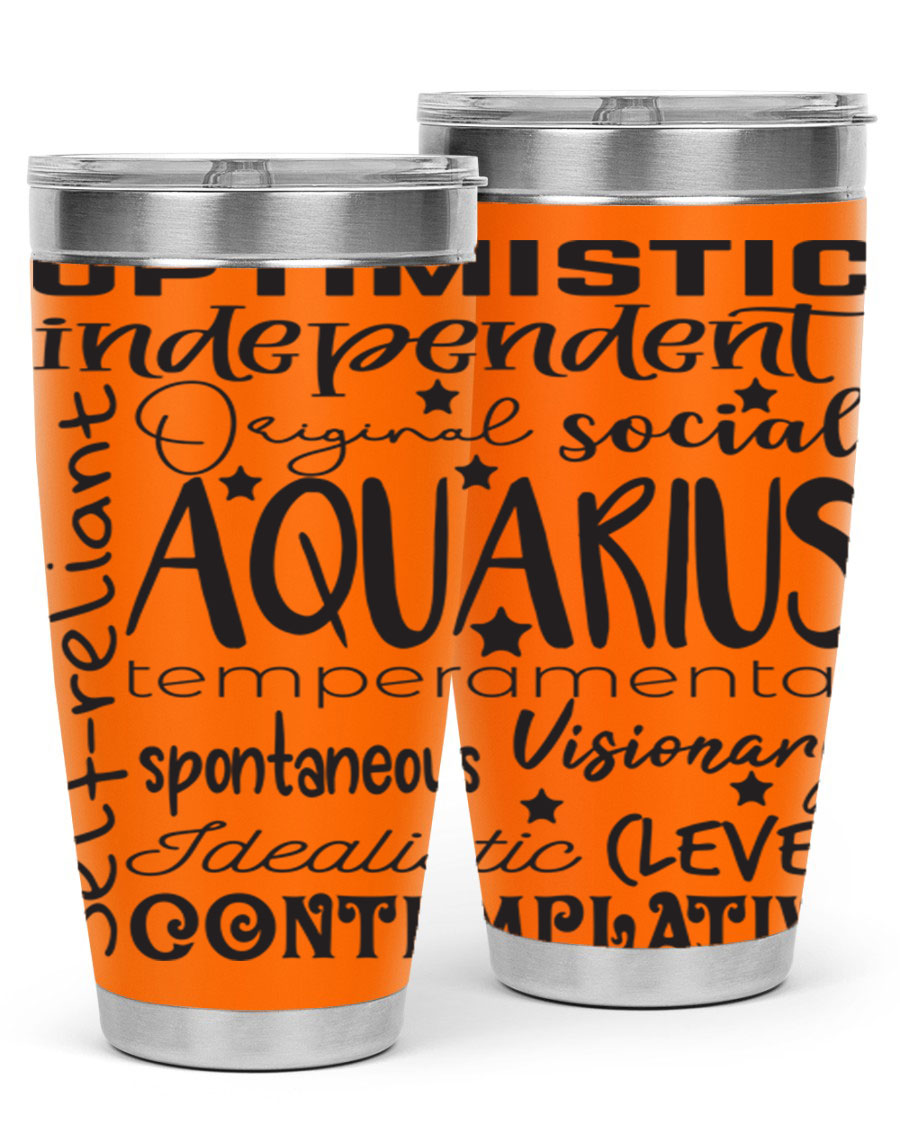 Aquarius 563# Tumbler in stainless steel with a sleek design, featuring a press-in lid and vibrant zodiac print.