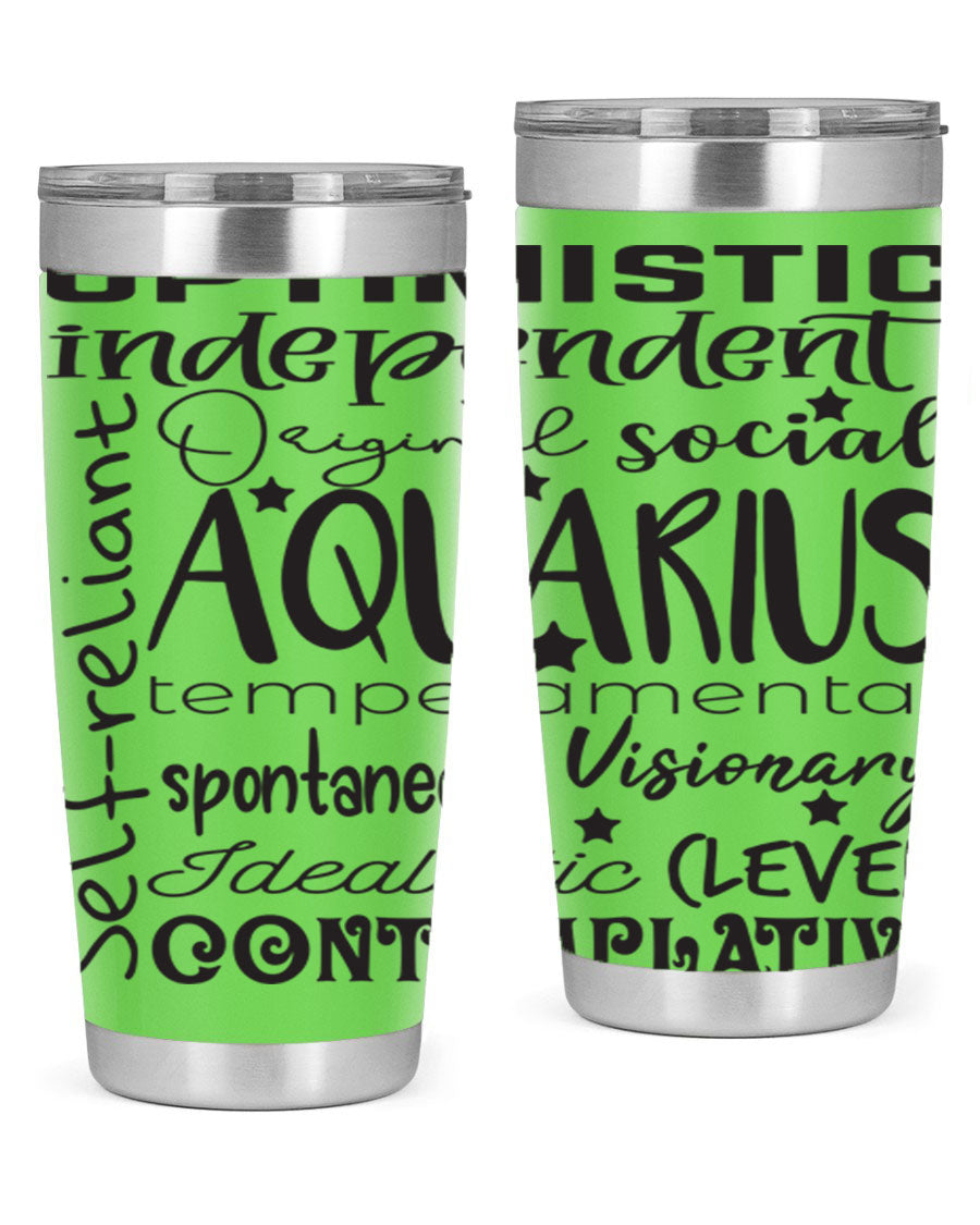 Aquarius 563# Tumbler in stainless steel with a sleek design, featuring a press-in lid and vibrant zodiac print.