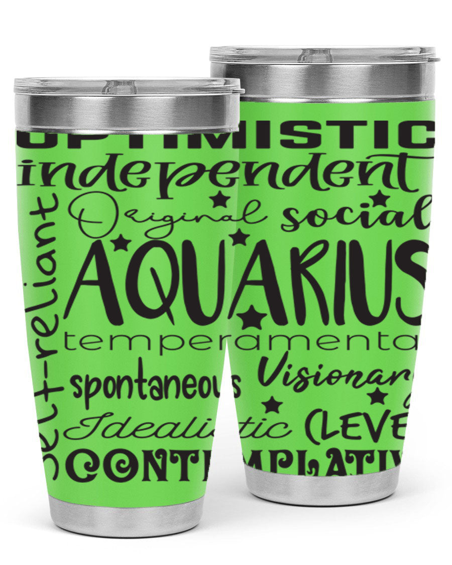 Aquarius 563# Tumbler in stainless steel with a sleek design, featuring a press-in lid and vibrant zodiac print.