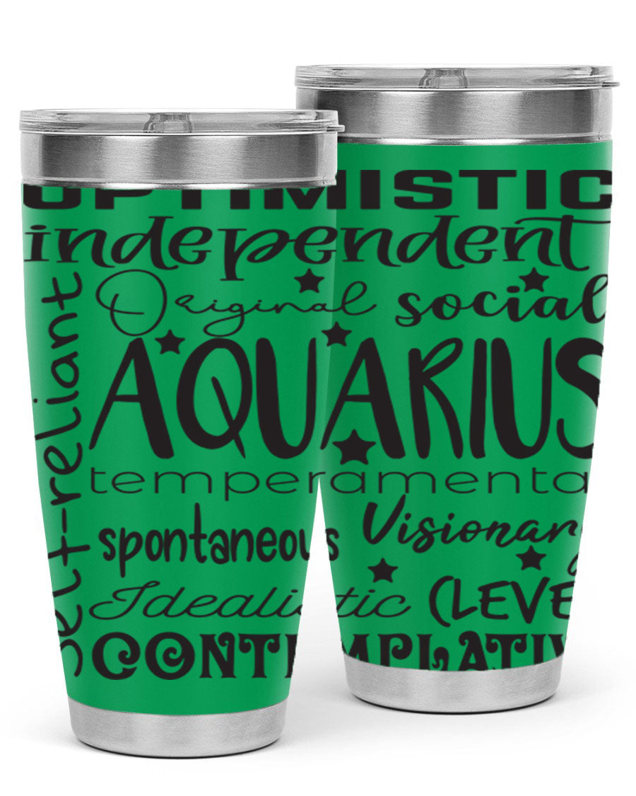 Aquarius 563# Tumbler in stainless steel with a sleek design, featuring a press-in lid and vibrant zodiac print.