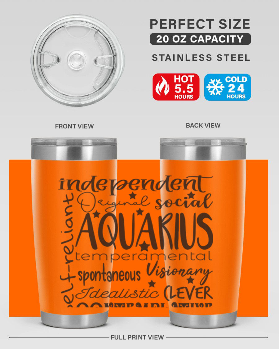 Aquarius 563# Tumbler in stainless steel with a sleek design, featuring a press-in lid and vibrant zodiac print.