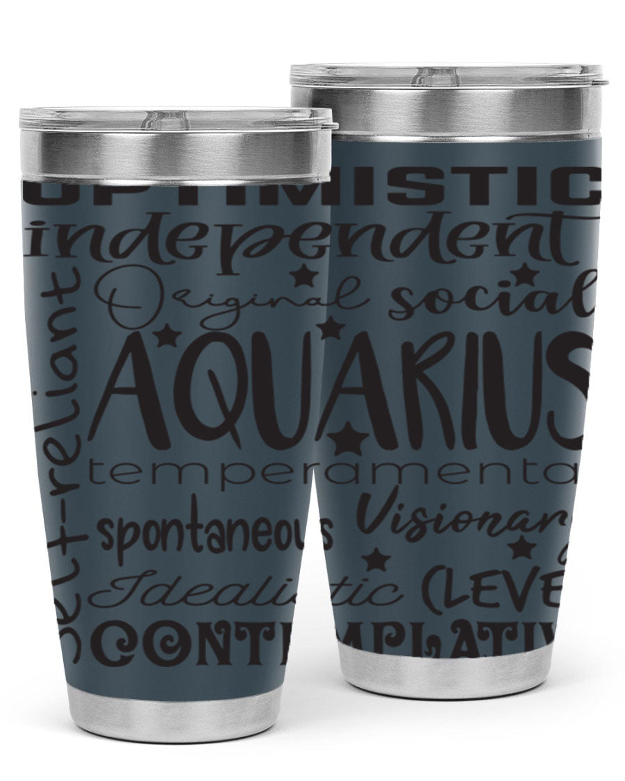 Aquarius 563# Tumbler in stainless steel with a sleek design, featuring a press-in lid and vibrant zodiac print.