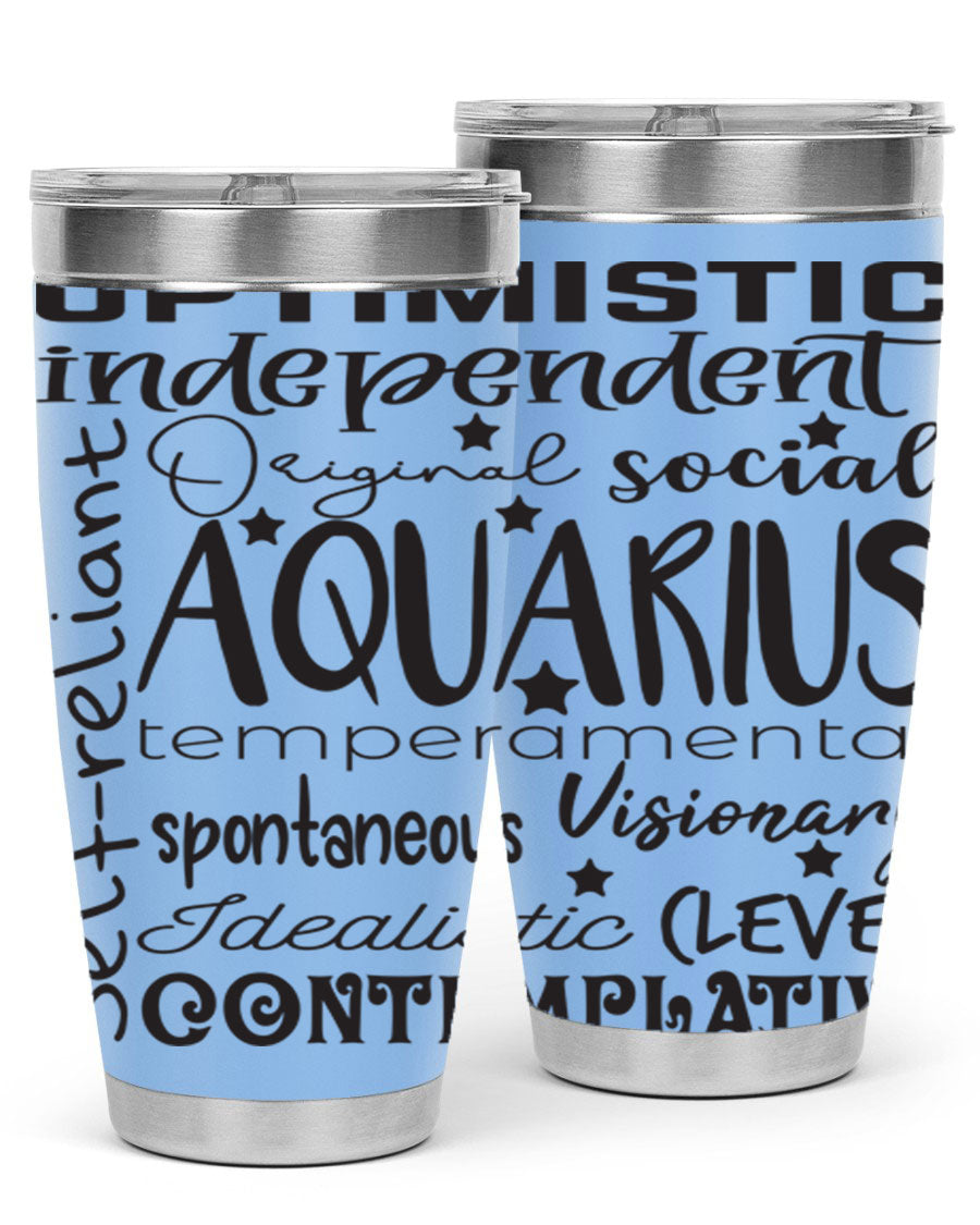 Aquarius 563# Tumbler in stainless steel with a sleek design, featuring a press-in lid and vibrant zodiac print.