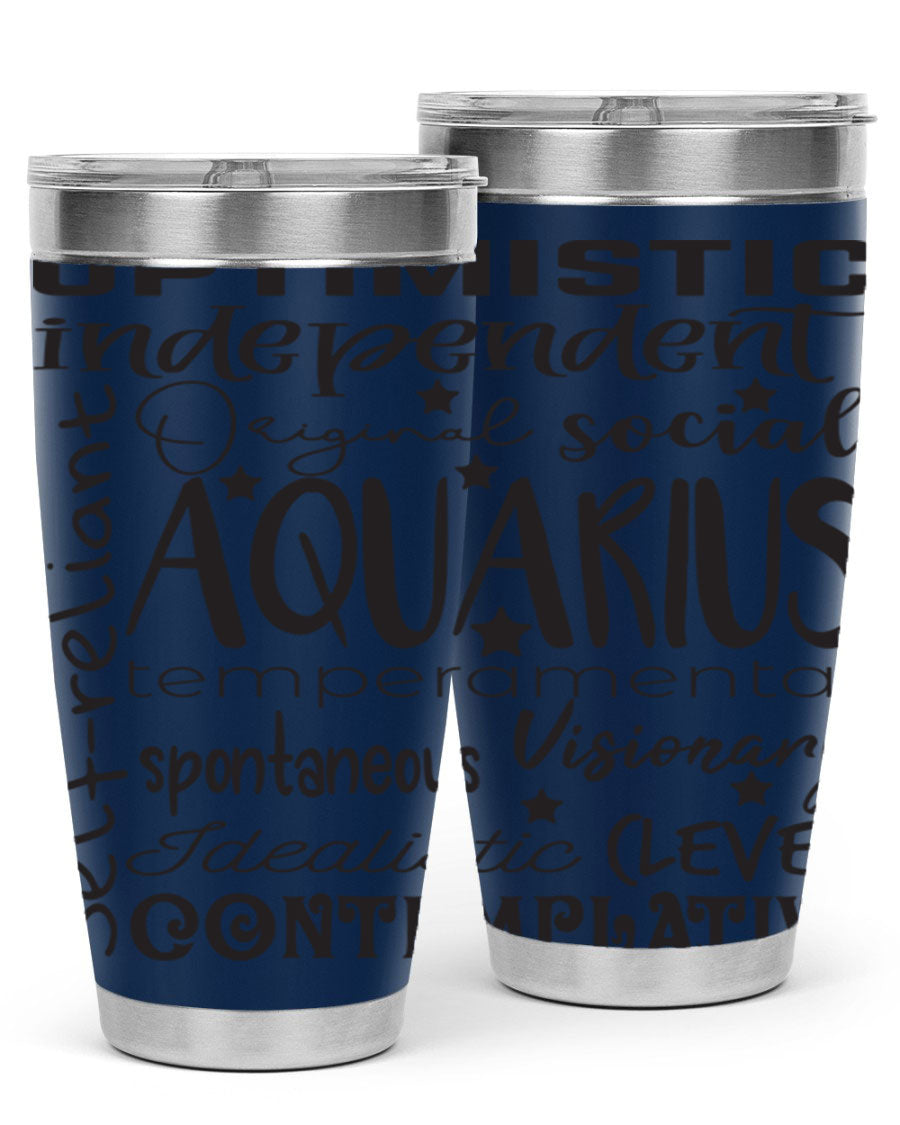 Aquarius 563# Tumbler in stainless steel with a sleek design, featuring a press-in lid and vibrant zodiac print.