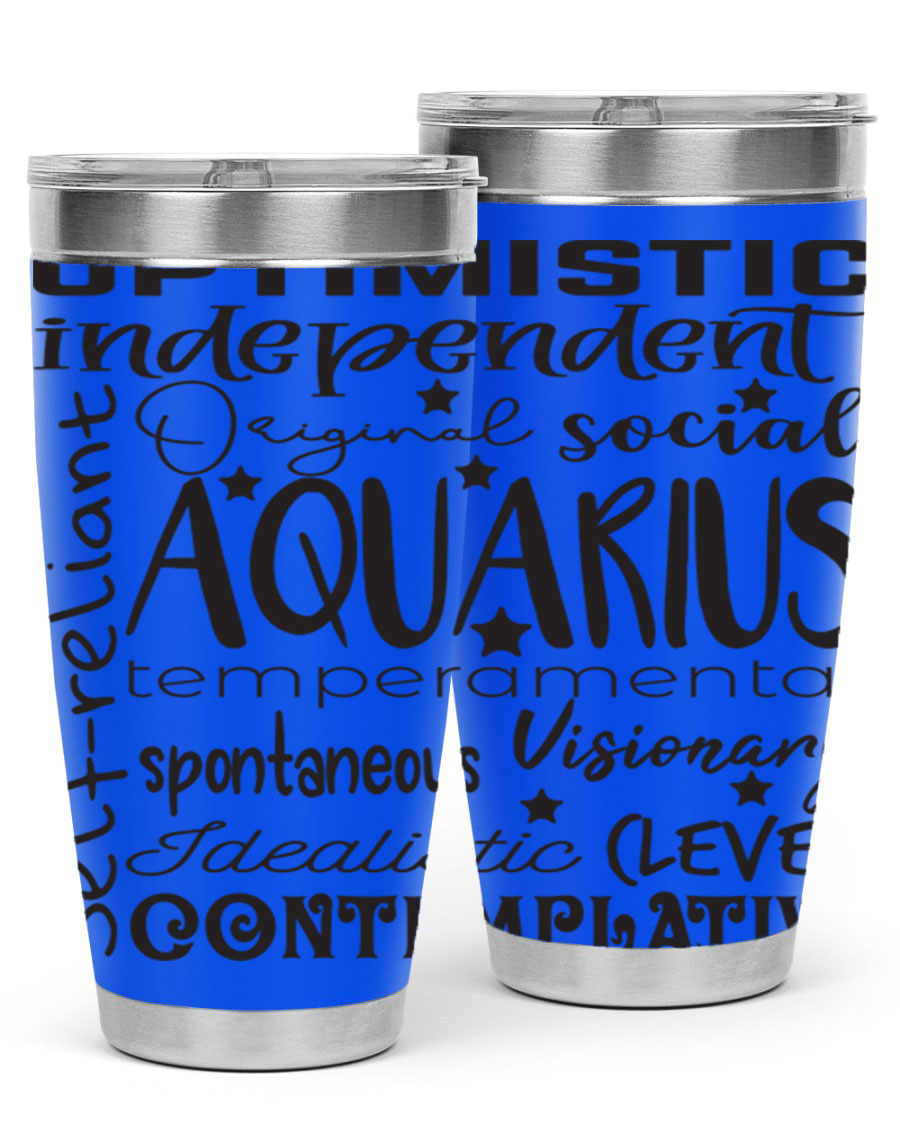 Aquarius 563# Tumbler in stainless steel with a sleek design, featuring a press-in lid and vibrant zodiac print.