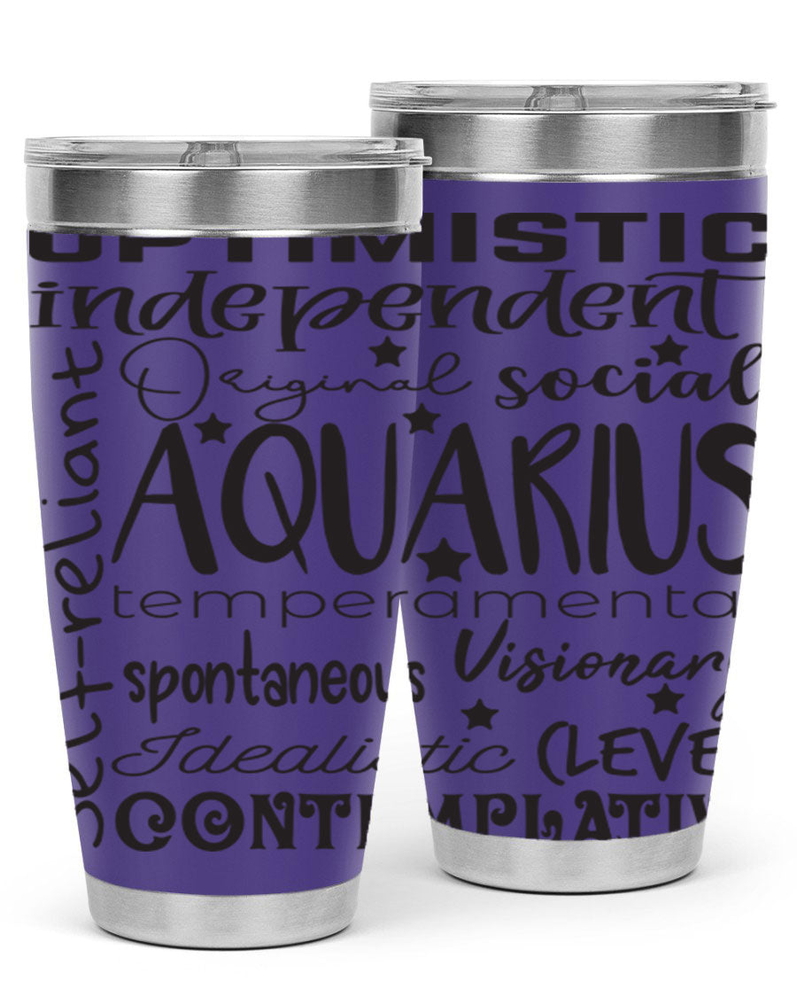 Aquarius 563# Tumbler in stainless steel with a sleek design, featuring a press-in lid and vibrant zodiac print.