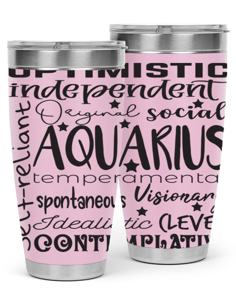 Aquarius 563# Tumbler in stainless steel with a sleek design, featuring a press-in lid and vibrant zodiac print.