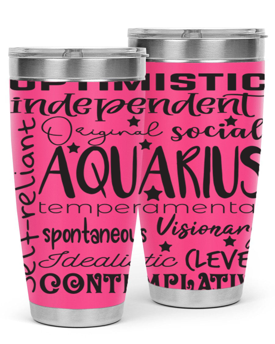 Aquarius 563# Tumbler in stainless steel with a sleek design, featuring a press-in lid and vibrant zodiac print.