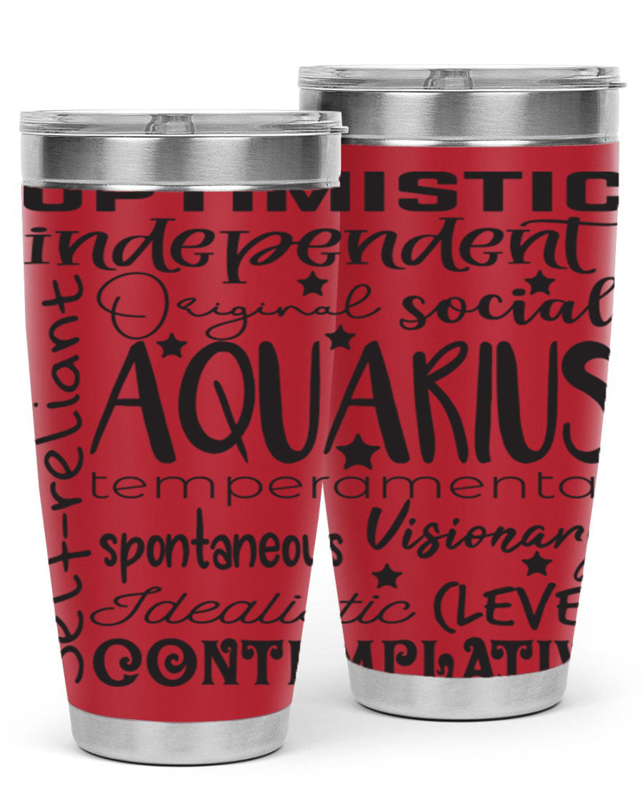 Aquarius 563# Tumbler in stainless steel with a sleek design, featuring a press-in lid and vibrant zodiac print.