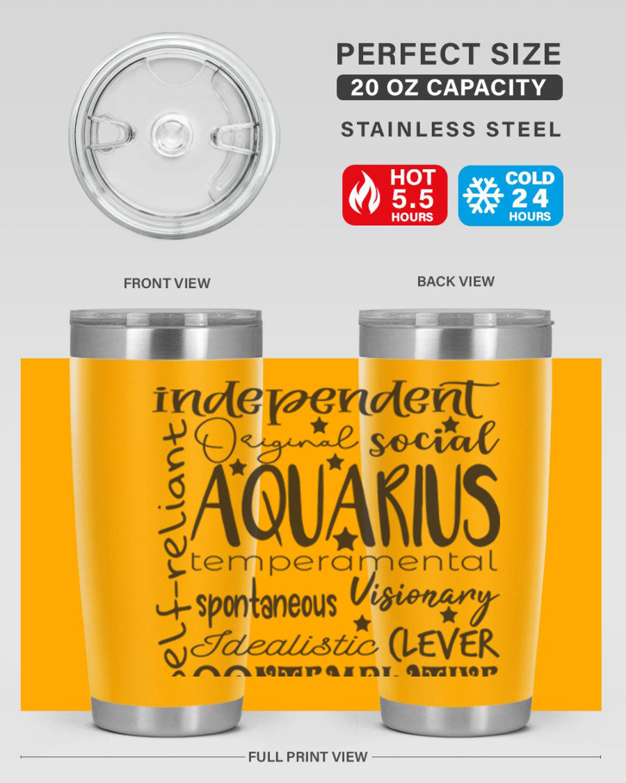 Aquarius 563# Tumbler in stainless steel with a sleek design, featuring a press-in lid and vibrant zodiac print.