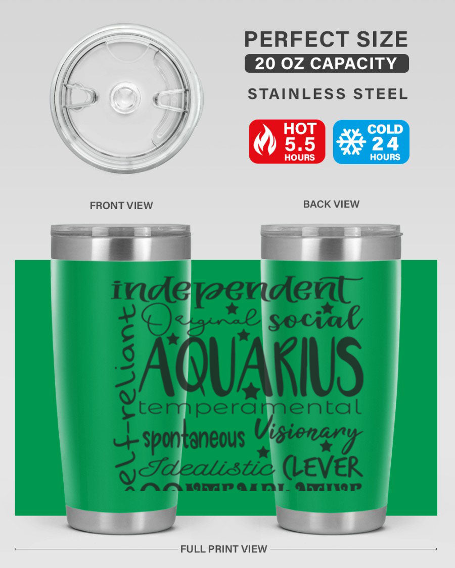 Aquarius 563# Tumbler in stainless steel with a sleek design, featuring a press-in lid and vibrant zodiac print.