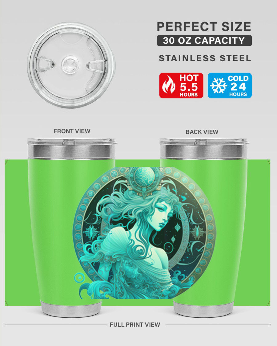 Aquarius 63# Tumbler featuring a double wall vacuum stainless steel design with a vibrant zodiac print.