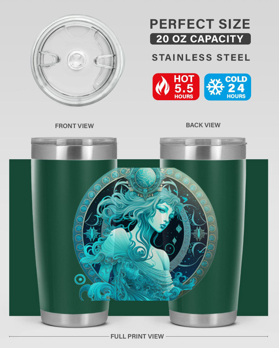 Aquarius 63# Tumbler featuring a double wall vacuum stainless steel design with a vibrant zodiac print.