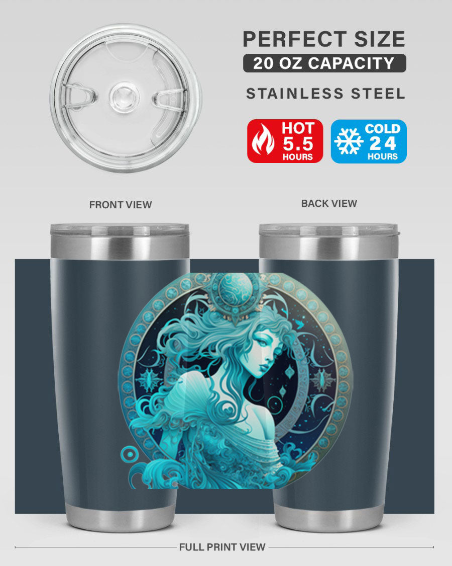 Aquarius 63# Tumbler featuring a double wall vacuum stainless steel design with a vibrant zodiac print.