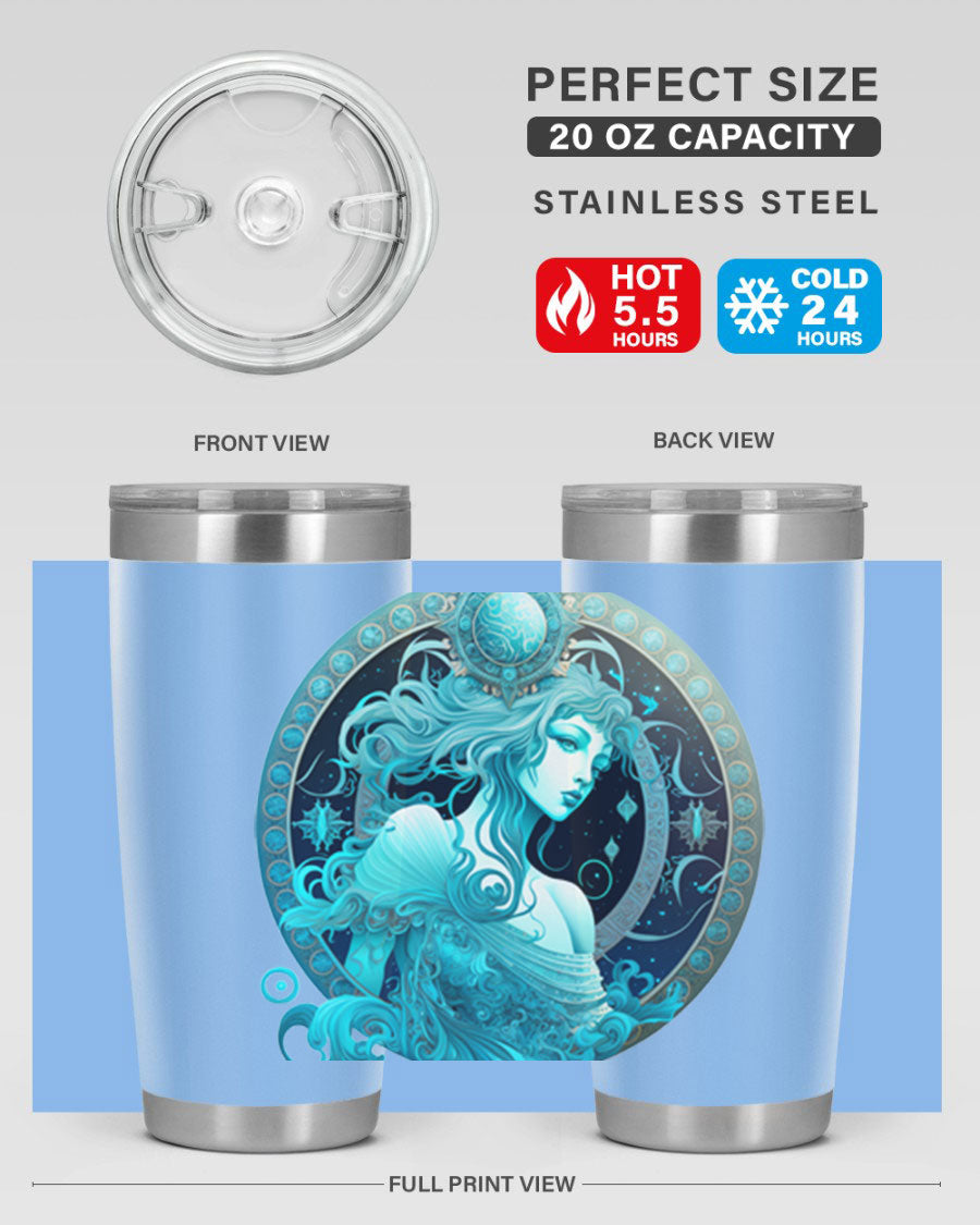 Aquarius 63# Tumbler featuring a double wall vacuum stainless steel design with a vibrant zodiac print.