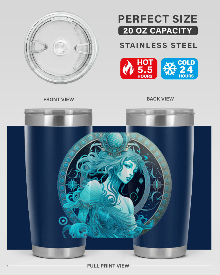 Aquarius 63# Tumbler featuring a double wall vacuum stainless steel design with a vibrant zodiac print.