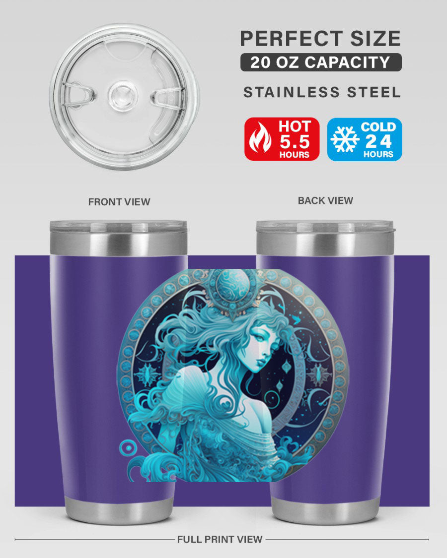 Aquarius 63# Tumbler featuring a double wall vacuum stainless steel design with a vibrant zodiac print.