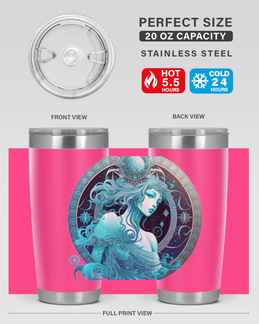 Aquarius 63# Tumbler featuring a double wall vacuum stainless steel design with a vibrant zodiac print.