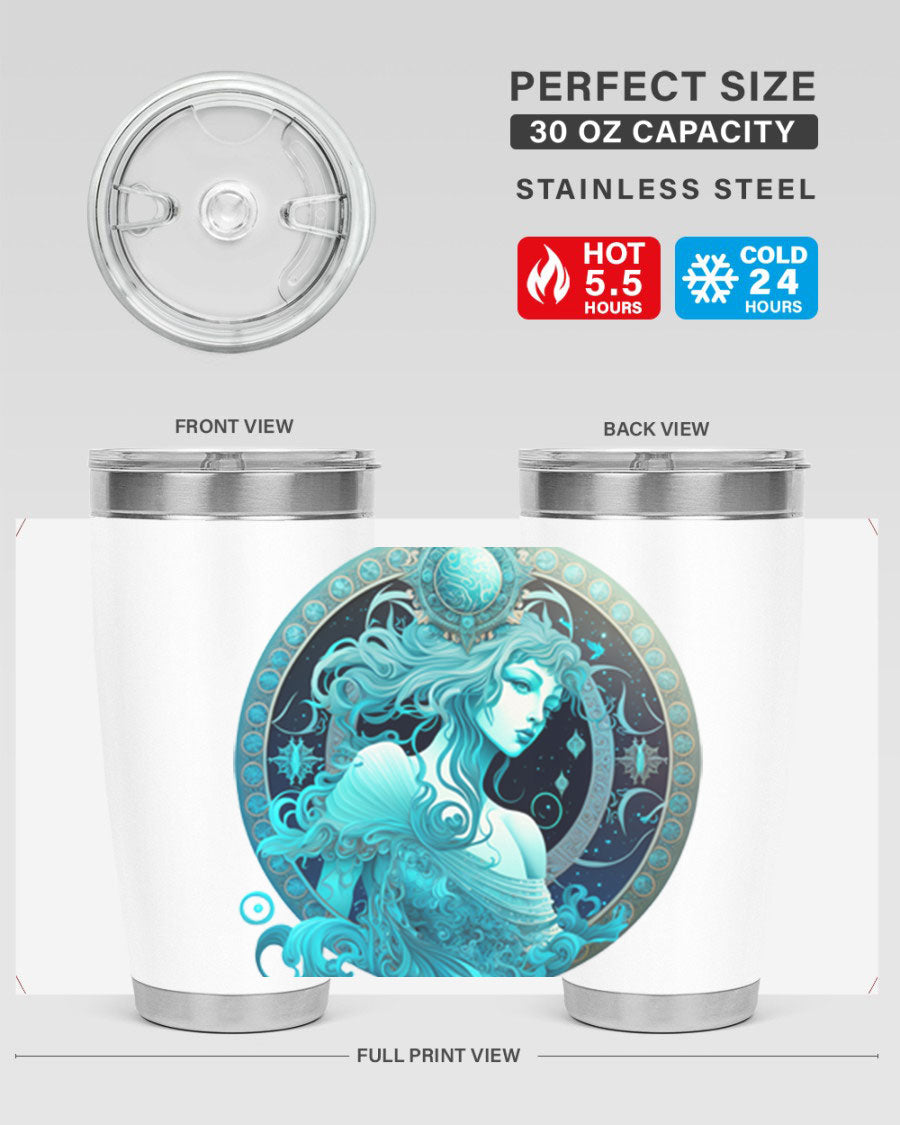 Aquarius 63# Tumbler featuring a double wall vacuum stainless steel design with a vibrant zodiac print.