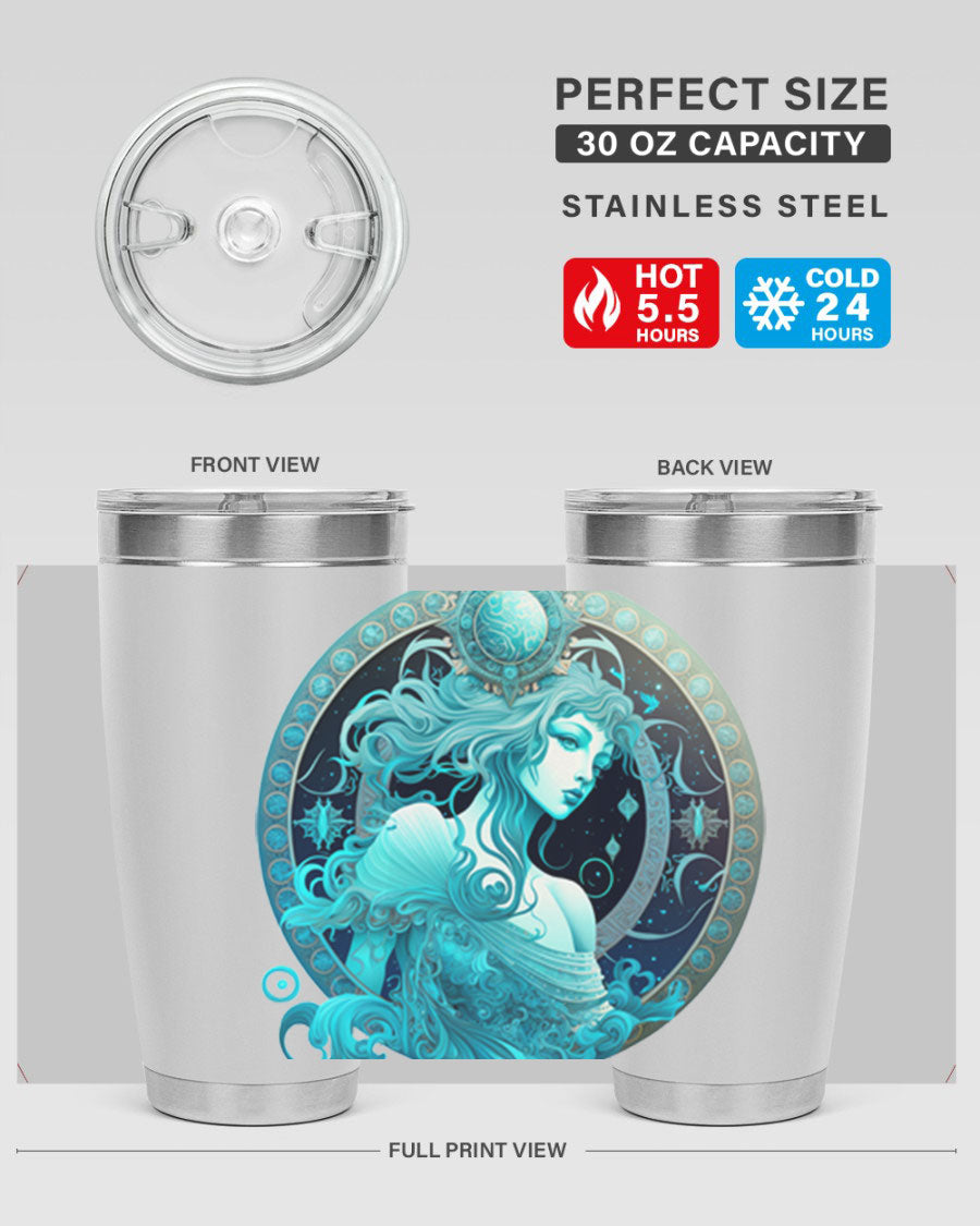 Aquarius 63# Tumbler featuring a double wall vacuum stainless steel design with a vibrant zodiac print.