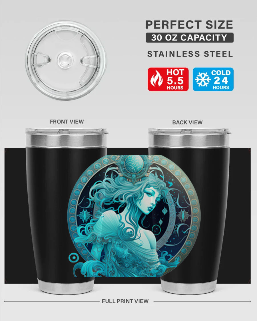 Aquarius 63# Tumbler featuring a double wall vacuum stainless steel design with a vibrant zodiac print.