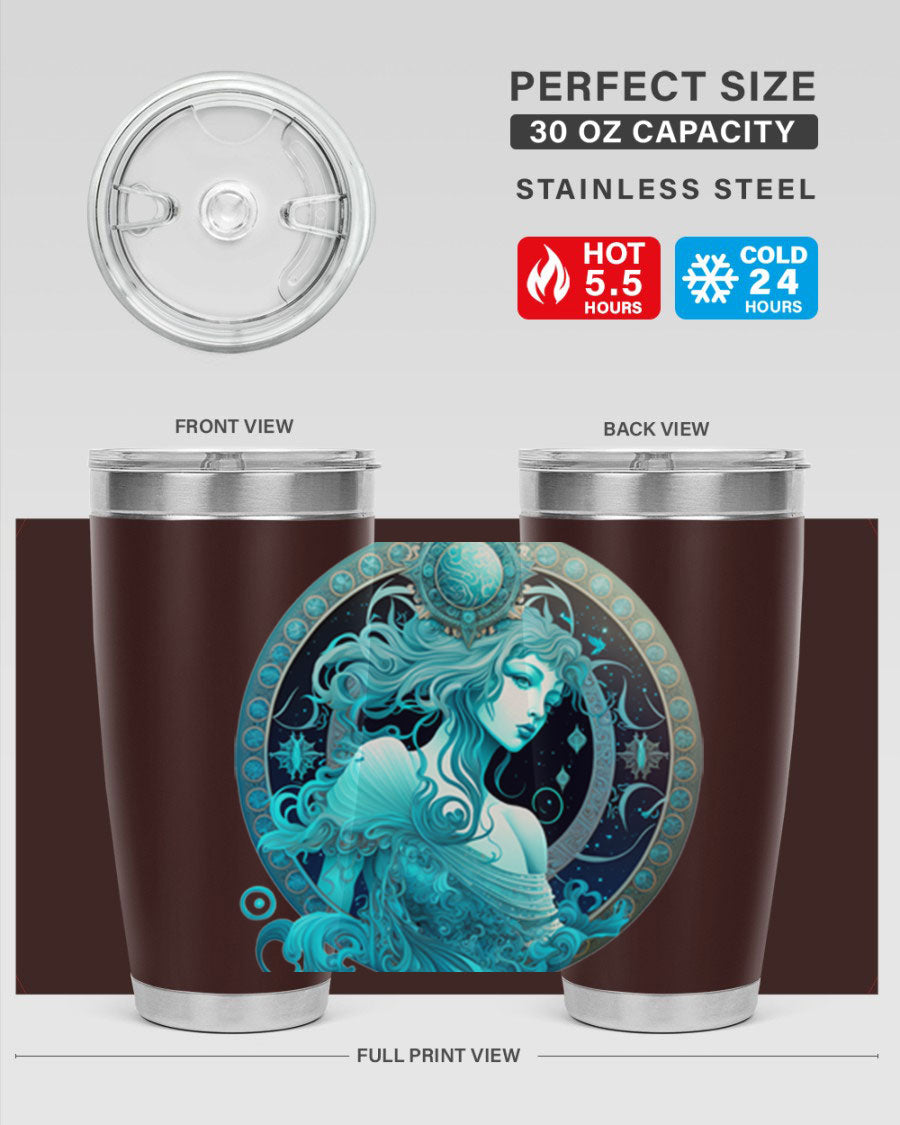 Aquarius 63# Tumbler featuring a double wall vacuum stainless steel design with a vibrant zodiac print.