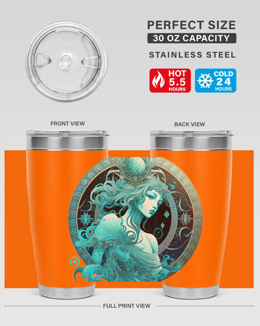 Aquarius 63# Tumbler featuring a double wall vacuum stainless steel design with a vibrant zodiac print.