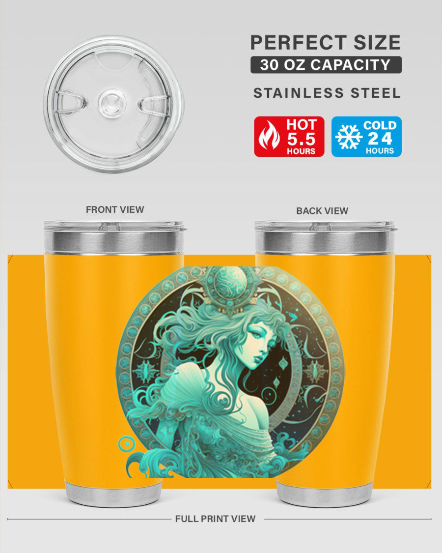 Aquarius 63# Tumbler featuring a double wall vacuum stainless steel design with a vibrant zodiac print.